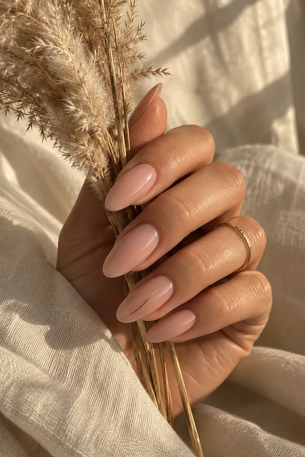 Manos con uñas almendradas color nude y detalle dorado